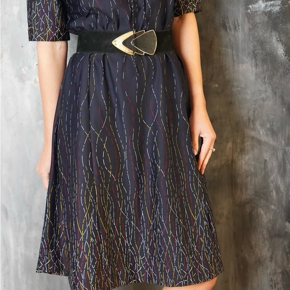 Vintage 80s Dark Blue Abstract Lines Midi Dress - Picture 2 of 5